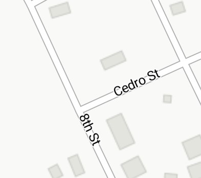 Contact Us image of map, which shows the merging of Cedro Street and 8th street at a corner toward the left.